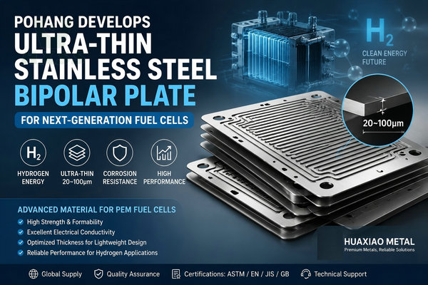 Ultra-thin stainless steel bipolar plate for PEM fuel cells showing hydrogen energy application, corrosion resistance, and industrial material structure by Huaxiao Metal