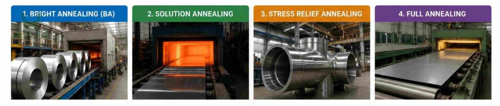 Stainless steel annealing methods infographic with bright annealing solution annealing and stress relief annealing processes