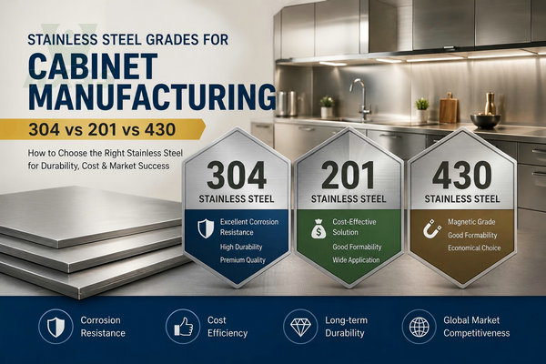 304 vs 201 vs 430 stainless steel comparison for cabinet manufacturing showing corrosion resistance, cost efficiency, durability, and application differences