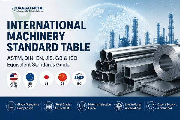 International machinery standard comparison chart showing ASTM, DIN, EN, JIS, GB and ISO steel grade equivalents with metal pipes and industrial materials from Huaxiao Metal