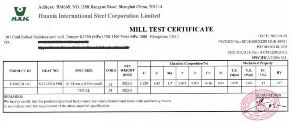 301 stainless steel Mill Test Certificate and quality inspection