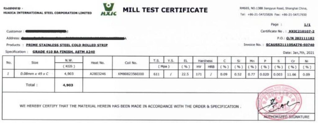 PMI spectrometer testing and MTC certificate for BA 410 stainless steel coil