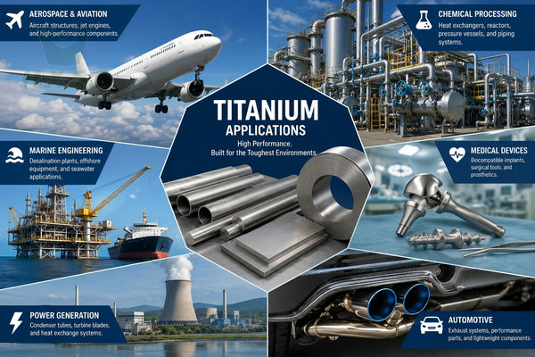 Industrial applications of titanium in aerospace, chemical processing, marine engineering, medical devices, power generation and automotive manufacturing