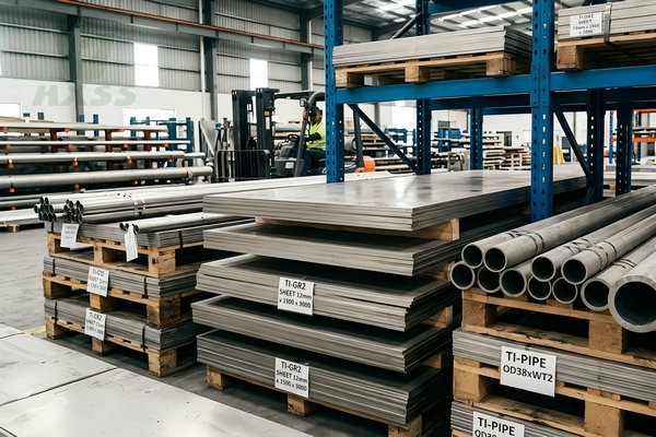 Industrial titanium sheets and grade 2 titanium pipes stacked on pallets in Huaxiao Metal warehouse