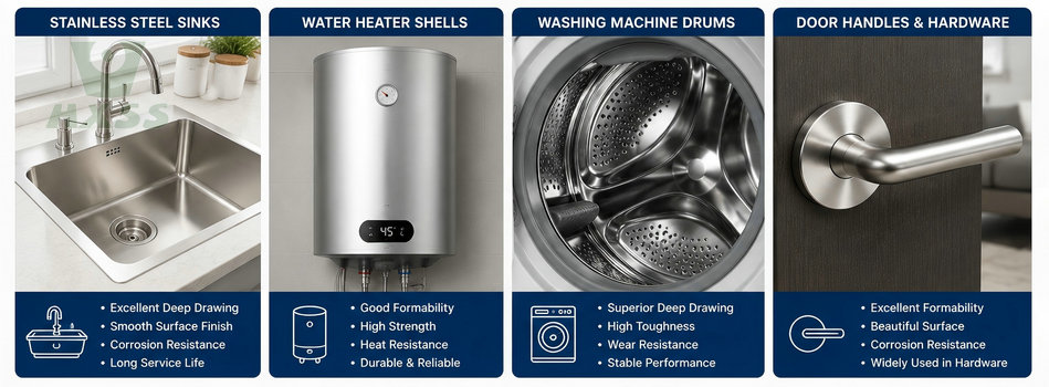 Typical applications of SUS304J2 stainless steel in sinks water heaters and hardware products