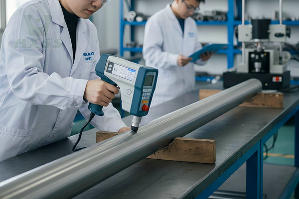 Quality control inspector performing PMI testing on a 430 stainless steel seamless pipe at Huaxiao Metal laboratory