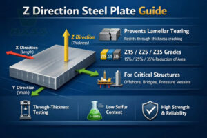 Z direction steel plate guide by Huaxiao Metal showing Z15, Z25 and Z35 grades for anti-lamellar tearing applications