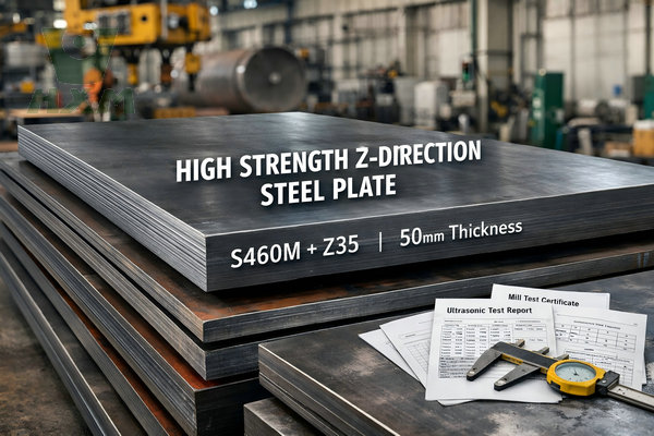 High Strength Z-Direction Steel Plate S460M + Z35, 50mm Thickness, stacked in an industrial steel workshop with test certificates and caliper