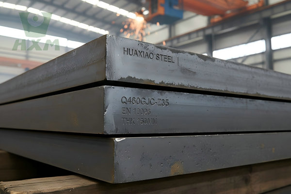 Stacked High Strength Z Direction Steel Plates with Q460GJC-Z35 markings in a manufacturing factory.