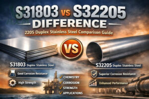Comparison infographic of S31803 vs S32205 duplex stainless steel, showing plates and pipes with key properties like corrosion resistance, strength, and applications