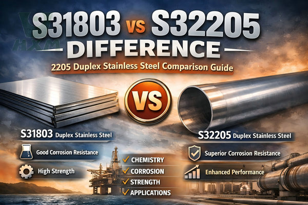 Comparison infographic of S31803 vs S32205 duplex stainless steel, showing plates and pipes with key properties like corrosion resistance, strength, and applications