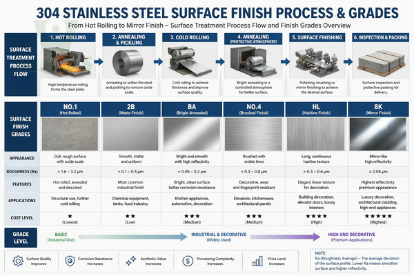 304 stainless steel surface finish comparison chart 2B vs BA vs HL vs 8K mirror finish with Ra roughness and applications