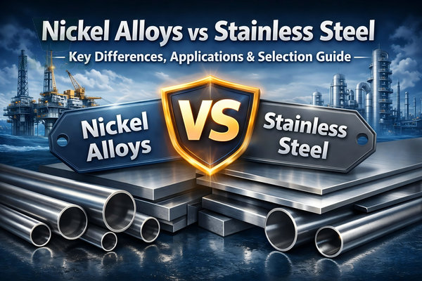 Nickel alloys vs stainless steel comparison image showing differences in corrosion resistance, strength and industrial applications