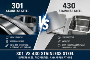 301 vs 430 stainless steel comparison showing differences in strength, corrosion resistance, magnetic properties, cost, and industrial applications