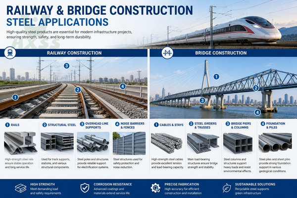 Railway and bridge construction steel applications including rails, structural steel, bridge girders, piles, and stainless steel components