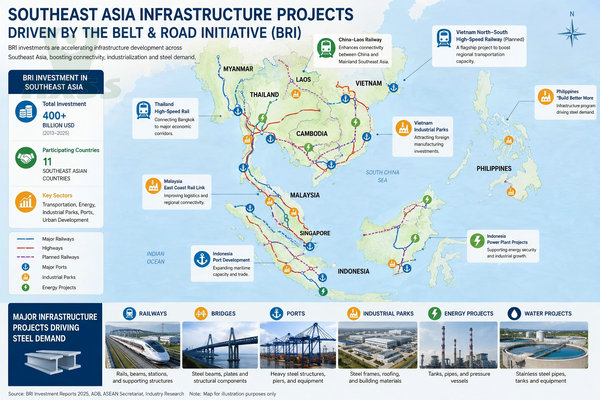 Southeast Asia infrastructure projects map highlighting Belt and Road Initiative railways, ports, industrial parks, and energy developments