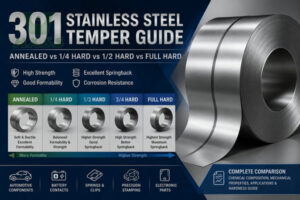 301 stainless steel temper guide comparing annealed, 1/4 hard, 1/2 hard, 3/4 hard and full hard with hardness, strength and application differences