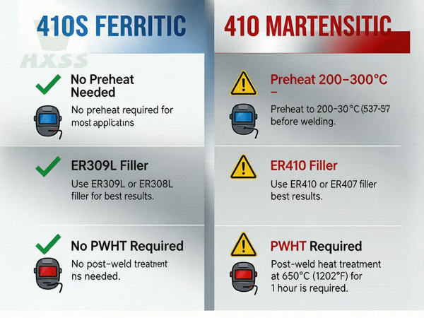 Comparison chart of 410S vs 410 stainless steel welding requirements
