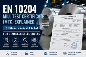 EN 10204 mill test certificate for stainless steel coils showing MTC types 2.1, 2.2, 3.1 and 3.2