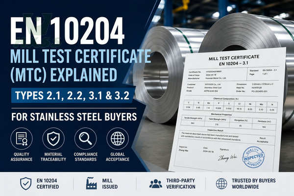 EN 10204 mill test certificate for stainless steel coils showing MTC types 2.1, 2.2, 3.1 and 3.2