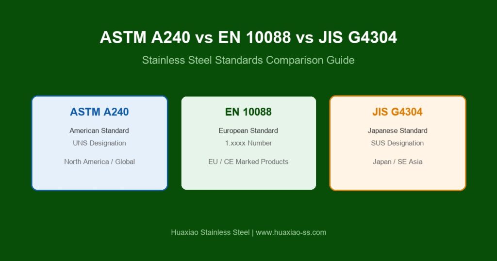 ASTM A240 vs EN 10088 vs JIS G4304 stainless steel standards comparison overview showing American, European, and Japanese standard systems