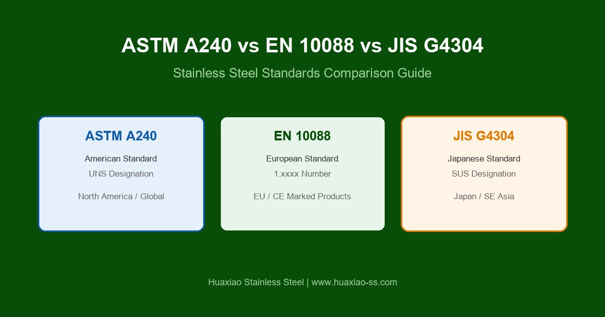 ASTM A240 vs EN 10088 vs JIS G4304 stainless steel standards comparison overview showing American, European, and Japanese standard systems